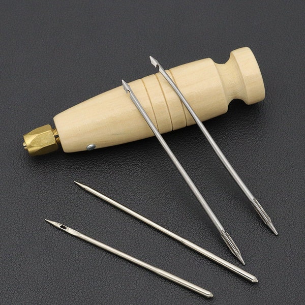 Canvas Leather Tent Sewing Awl Wood Hand Stitcher Leather craft 4 Needle Kit Tools