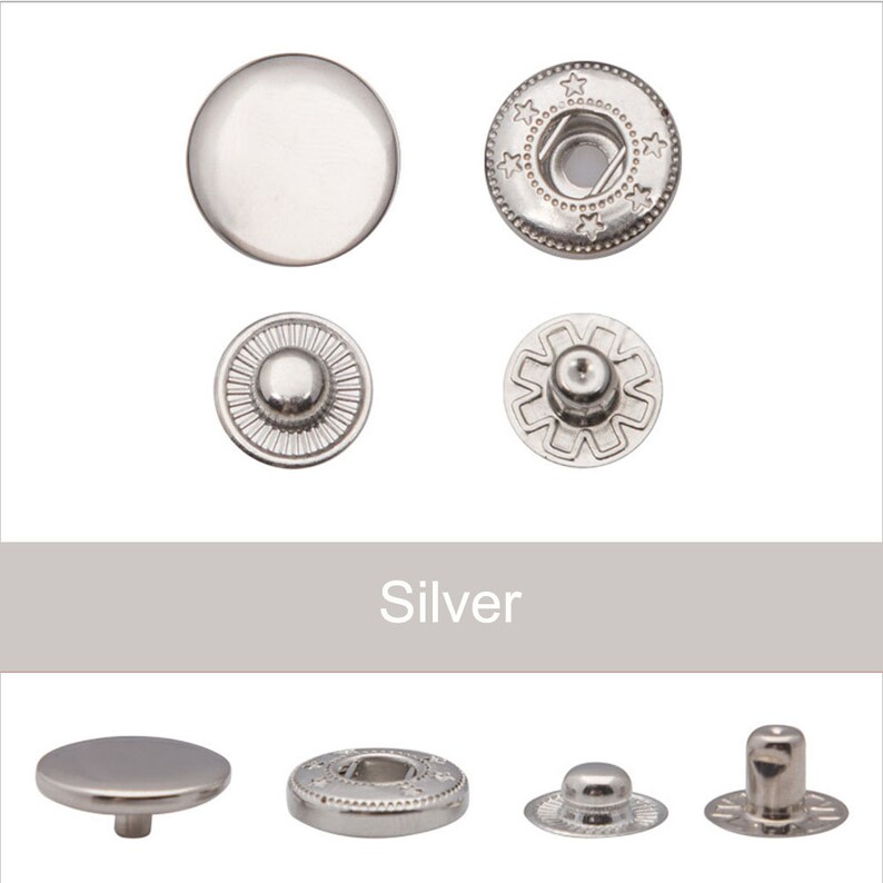 50sets 655/633/831 Cuivre/Cuivre Snap Buttons Appuyez sur Stud Rivet Fastener Metal couture artisanat en cuir Accessoire Silver