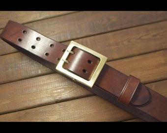 Handmade Custom made Saddle Leather Full Grain Cowhide Durable Double Pin Heavy Duty Belt Solid Brass Buckle 40mm Width