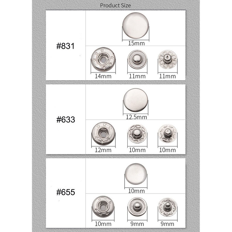 50sets 655/633/831 Cuivre/Cuivre Snap Buttons Appuyez sur Stud Rivet Fastener Metal couture artisanat en cuir Accessoire image 3