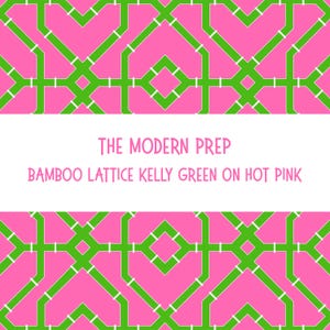Può includere: Motivo geometrico con un design a traliccio di bambù in verde Kelly su sfondo rosa acceso. Il testo "THE MODERN PREP" e "BAMBOO LATTICE KELLY GREEN ON HOT PINK" è visualizzato in un banner rettangolare bianco.