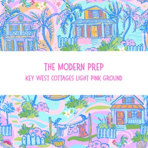 May include: A colorful pattern featuring Key West cottages, palm trees, and various tropical elements in shades of pink, blue, and green. The text "THE MODERN PREP" and "KEY WEST COTTAGES LIGHT PINK GROUND" is displayed in the center.