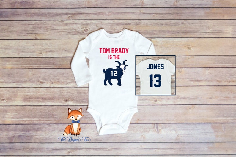 Name and Number on Back Red and Navy Personalized Tom Brady is the GOAT Patriots Inspired Long Sleeve Bodysuit