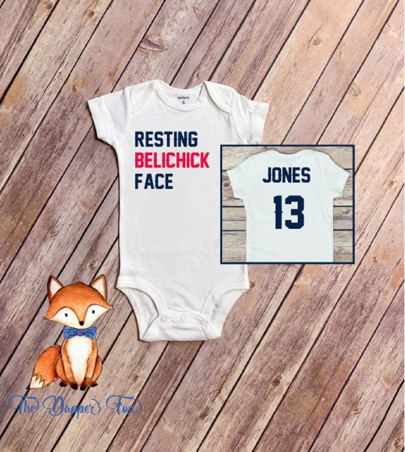 Name /& Number on Back Long or Short Sleeve Option Personalized Resting Belichick Face Baby Bodysuit Patriots Inspired