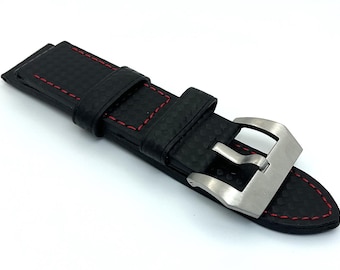 Correa de cuero genuino de fibra de carbono negra de 24 mm compatible con reloj PANERAI