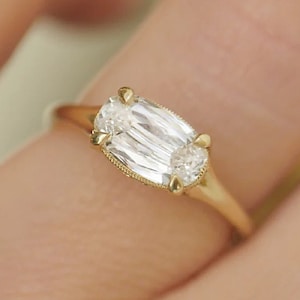 East West Engagement Rings For Women, Sideways Oval Moissanite Antique Wedding Rings 14K Yellow Gold Promise Rings Milgrain Set Ring