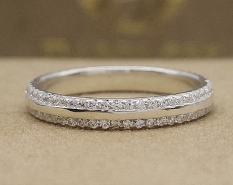 Round Cut Moissanite Full Eternity Wedding Band 14K White Gold Double Row Band Matching Band, Stacking Ring, Round Minimalist Ring For Her