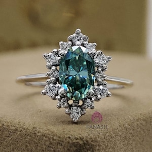 Oval Cut Vintage Cyan Blue Moissanite Diamond Engagement Ring, 14K White Gold Halo Wedding Ring for Women