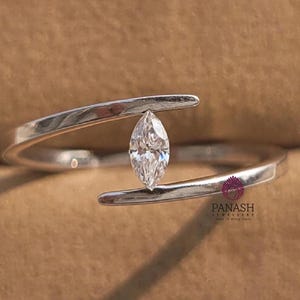 Minimalist Marquise Cut Lab Grown Diamond Ring, 14K Gold Bypass Shank Solitaire Promise Ring, Dainty Anniversary Gift for Her