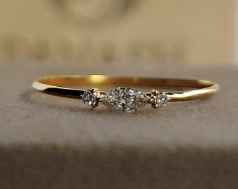 Three Stone Lab Grown Diamond Rings For Women, Marquise Cut Wedding Rings, 3 Stone Engagement Ring, 14K Yellow Gold Dainty Ring, Tiny Rings