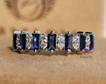 Vintage Sapphire Eternity Band, 14K White Gold, Baguette & Round Cut Wedding Band, Stackable Band, Blue Sapphire Band, Summer Jewelry
