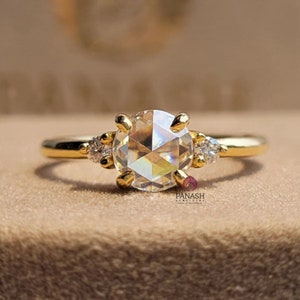 Classic Three Stone Round Rose Cut Moissanite Engagement Ring, 14K Solid Gold Wedding Ring, Minimalist Ring, Proposal Ring For Women