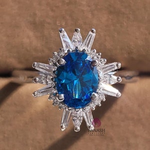 Oval Sapphire Diamond Cluster Engagement Ring, 14K White Gold Halo Wedding Ring, Blue Sapphire Promise  Ring, Anniversary Gift for Her