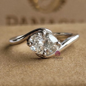 East West Oval Engagement Ring, 14K White Gold Moissanite Diamond Ring, Bypass Set Unique Ring, Classic Solitaire Ring, Christmas Gift
