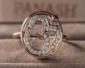 OM Diamond Ring, Round Moissanite Ring, 14K Yellow/Rose Gold, Meditation Ring, Unisex Ring, Customized Ring, Om Symbol Ring, Gift For Mom