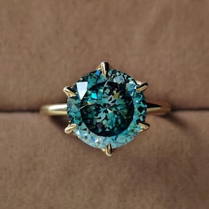 Cyan Blue Moissanite Engagement Ring, Round Portuguese Cut Ring, Solitaire Vintage Style Ring, Blue Gemstone Ring for Women