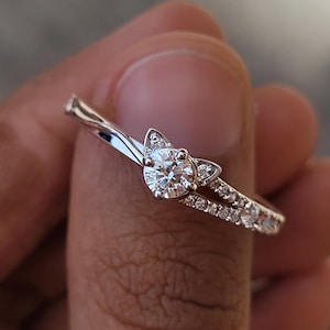 Dainty Moissanite Kitten Ring: 925 Sterling Silver Cat Engagement Ring, Animal Jewelry, Gift for MOM