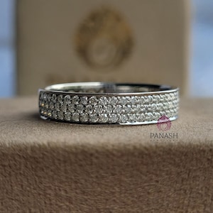 Three Row Moissanite Wedding Band, 14K White Gold Half Eternity Ring, Unisex Stackable Anniversary Ring, Solid Gold Gift for Couple