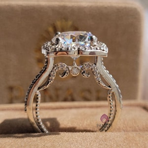 Round Moissanite Engagement Ring, 14K White Gold Cathedral Halo Ring, Dainty Moissanite Wedding Ring, Handmade Bridal Jewelry