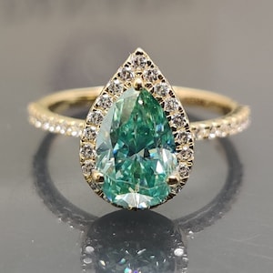 Cyan Blue Pear Cut Moissanite Engagement Ring, 14K Yellow Gold Halo Wedding Ring, Delicate Promise Ring For Women, Gemstone Ring Gift