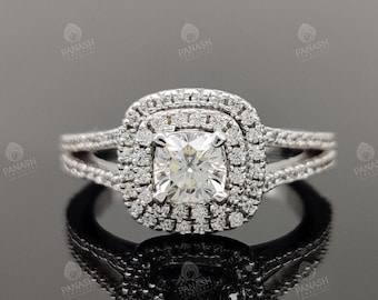 Anillo de compromiso con doble halo de moissanita de talla cojín, oro blanco de 14 quilates