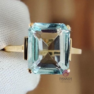 4 Ct Emerald Cut Aquamarine Ring 14K Yellow/White Gold Solitaire Engagement Ring, Unique Aquamarine Jewelry, Wedding Ring, Gifts For Mom