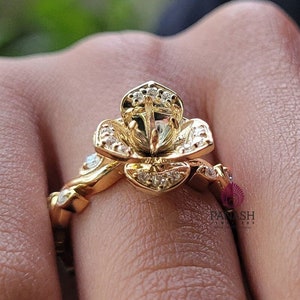 Semi Mount Moissanite Engagement Ring, Floral Vintage Wedding Ring, 14K Yellow Gold, Custom Ring, Unique Flower Style Mounting