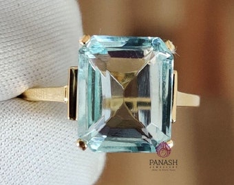 4 Ct Emerald Cut Aquamarine Ring 14K Yellow/White Gold Solitaire Engagement Ring, Unique Aquamarine Jewelry, Wedding Ring, Gifts For Mom