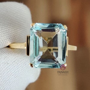 4 Ct Emerald Cut Aquamarine Ring 14K Yellow/White Gold Solitaire Engagement Ring, Unique Aquamarine Jewelry, Wedding Ring, Gifts For Her