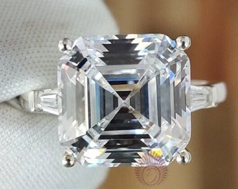 5 Ct Ascher Cut Moissanite Ring, Three Stone Baguette Sides Engagement Ring, 14K White Gold Stackable Wedding Ring, Anniversary Gift For Her