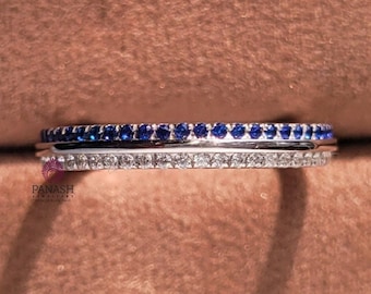 Blue Sapphire and White Diamond Eternity Band 14K White Gold Full Eternity Ring Dainty Sapphire Wedding Band Stacking Ring for Women