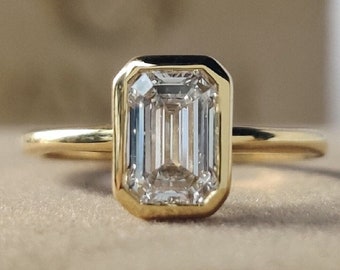 Certified Emerald Cut Lab Grown Diamond Bezel Set Ring, Solitaire Engagement Ring 14K Yellow Gold Dainty Ring Wedding Ring Mother's Day Gift