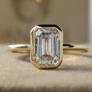 Certified Emerald Cut Lab Grown Diamond Bezel Set Ring, Solitaire Engagement Ring 14K Yellow Gold Dainty Ring Wedding Ring Mother's Day Gift