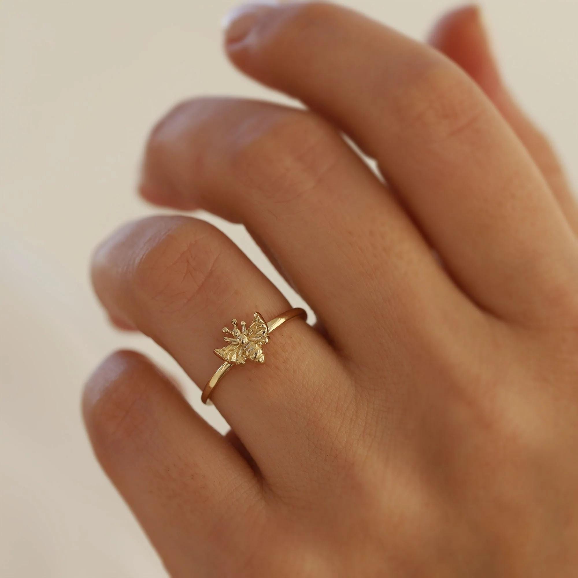 14K Gold Bee Ring, Minimalist Honey Bee Jewelry, Dainty Nature Insect Ring, Gold Bee Lover Gift, Eco Friendly Bee Ring