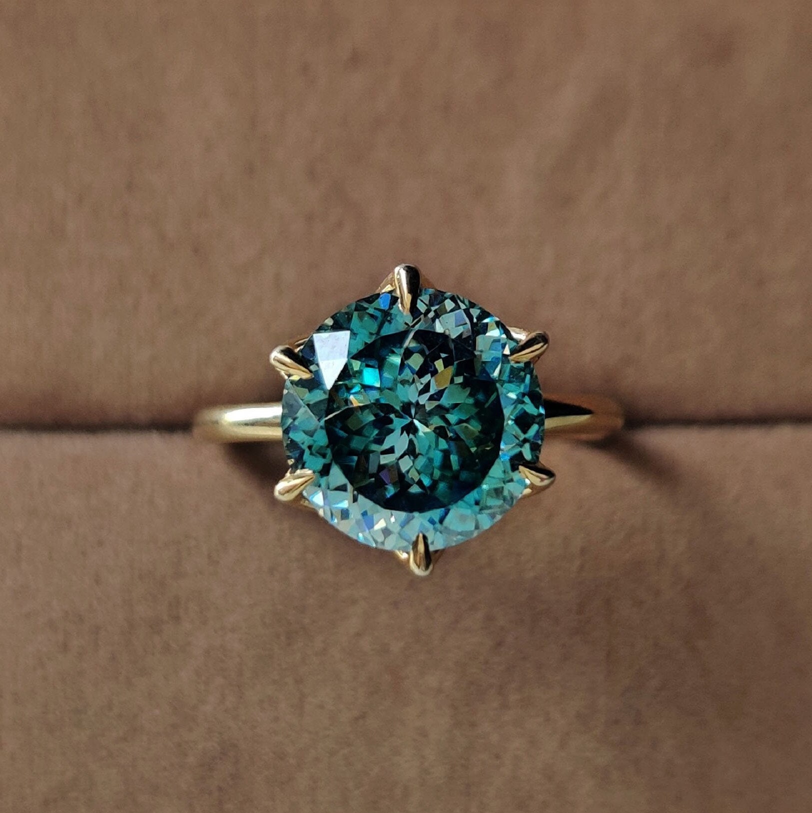 Cyan Blue Moissanite Engagement Ring, Round Portuguese Cut Ring, Solitaire Vintage Style Ring, Blue Gemstone Ring for Women