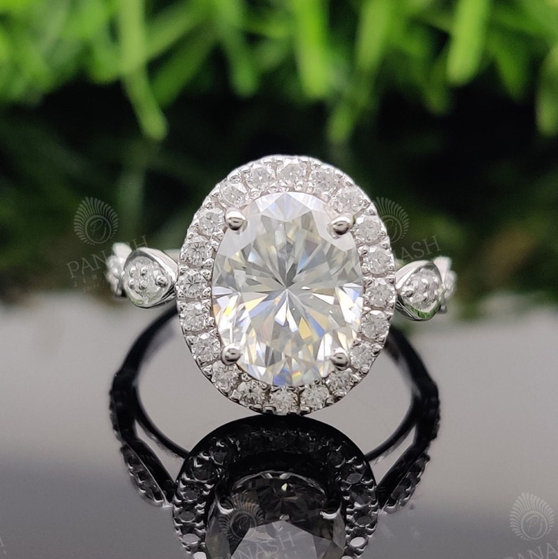Hidden Halo Engagement Ring, 2.42 Oval Cut White Moissanite Ring, 14k/18k White Gold, Scalloped Band, Oval Halo shops Moissanite Ring, Gifts