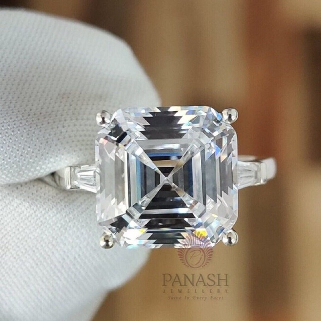 Buy Ct Ascher Cut Moissanite Ring, Three Stone Baguette Sides Engagement  Ring, 14K White Gold Stackable Wedding Ring, Anniversary Gift for Her