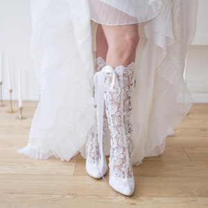 White Lace Wedding Knee High Boots , Cowboy Bridal Boots, White Lace Up Heels, White Boho Boots, House of Elliot Beatrice Elliot