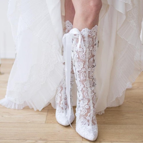White Lace Wedding Knee High Boots ...
