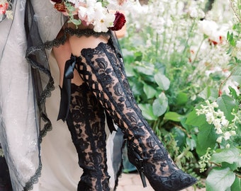 Black Lace Up Gothic Boots, Black Lace Vintage Boots, Steampunk boots for Wedding, Unique Wedding Shoes, House of Elliot Beatrice Elliot