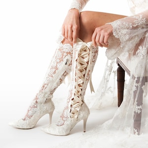 Lace Ivory Wedding Boots - Knee High Pointed Toe Boots - Ivory Cowboy Boots - House of Elliot Beatrice Elliot