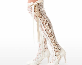 Ivory Lace Over-the-knee Wedding Boots With Satin Ribbon - Etsy Israel