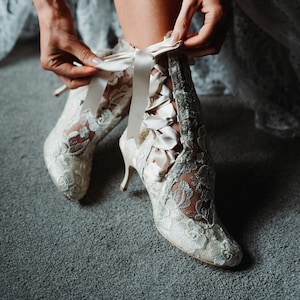Vintage Lace Bridal Boots: Ivory Ankle Boots with Satin Ribbon