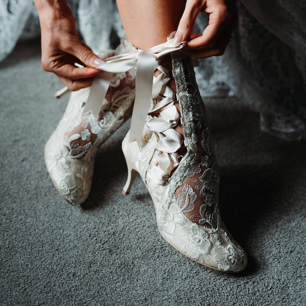 Vintage Ankle Bridal Boots Ivory Lace - Lace Up Victorian Wedding Boots - Low Heel Wedding Shoes - House of Elliot Lottie Elliot