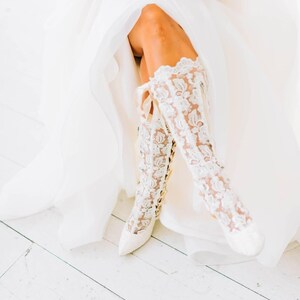 Ivory Lace Wedding Boots: Knee High Bridal Boots with Satin Ribbon image 8