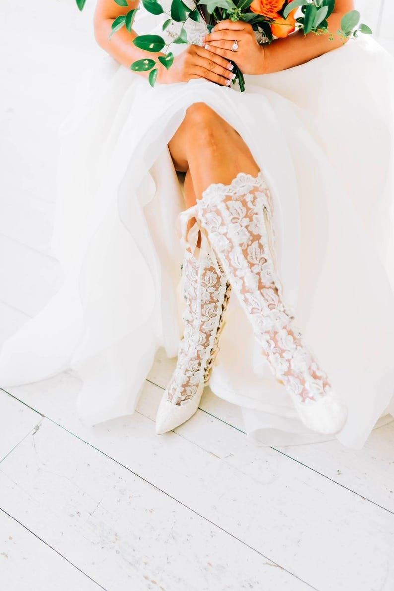 Ivory Lace Wedding Boots: Knee High Bridal Boots with Satin Ribbon image 8