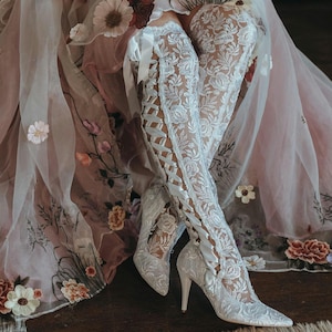 White Over the Knee Lace Bridal Boots: Vintage Mid Heel Wedding Shoes House of Elliot