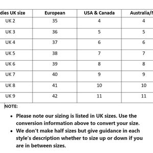 Pode incluir: Uma tabela de convers&atilde;o de tamanhos de sapatos para mulheres. A tabela mostra os tamanhos de sapatos UK, europeus, EUA e Canad&aacute;, e Austr&aacute;lia/NZ. A tabela inclui tamanhos do UK 2 ao UK 9.