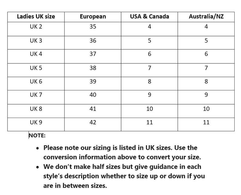 Pode incluir: Uma tabela de convers&atilde;o de tamanhos de sapatos para mulheres. A tabela mostra os tamanhos de sapatos UK, europeus, EUA e Canad&aacute;, e Austr&aacute;lia/NZ. A tabela inclui tamanhos do UK 2 ao UK 9.