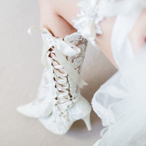 Ivory Lace Wedding Boots: Knee High Bridal Boots with Satin Ribbon image 10